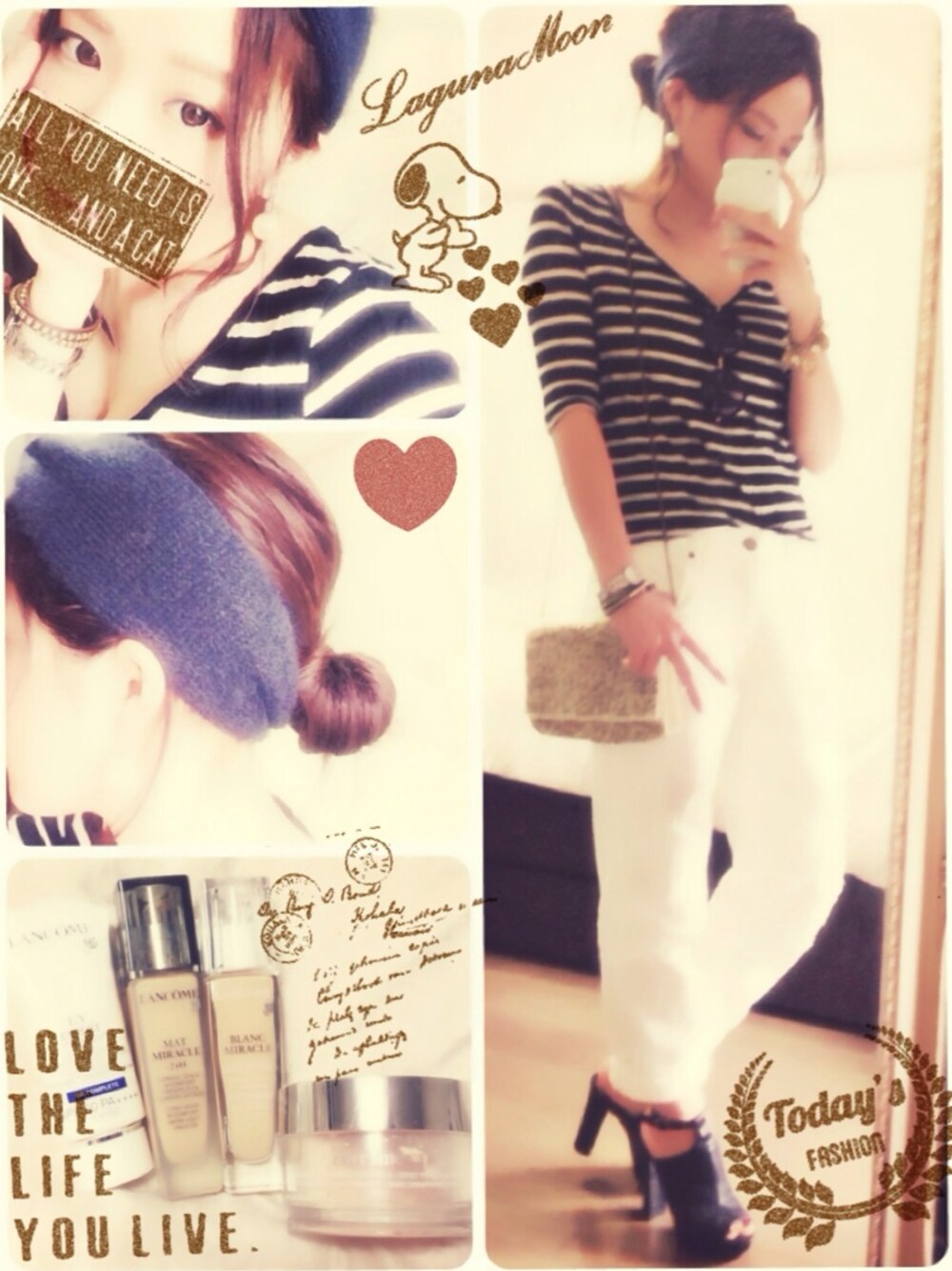 ホワイト系のデニムパンツ、ゴールド系のクラッチバッグ、ゴールド系のブレスレットを着用したレディースの夏コーディネートの1枚目の写真