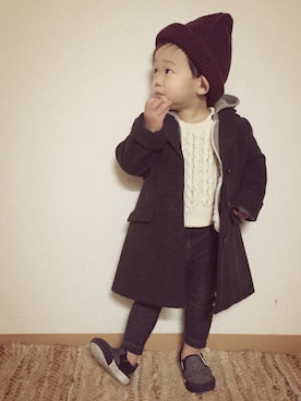 「アイテム（チェスターコート）」を使った、ayatakeさん（キッズ・80cm）の冬コーディネート