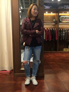 「アメカジ」｜「アイテム（ライダースジャケット）」を使った、AIKAさん（レディース・158cm）の秋コーディネート