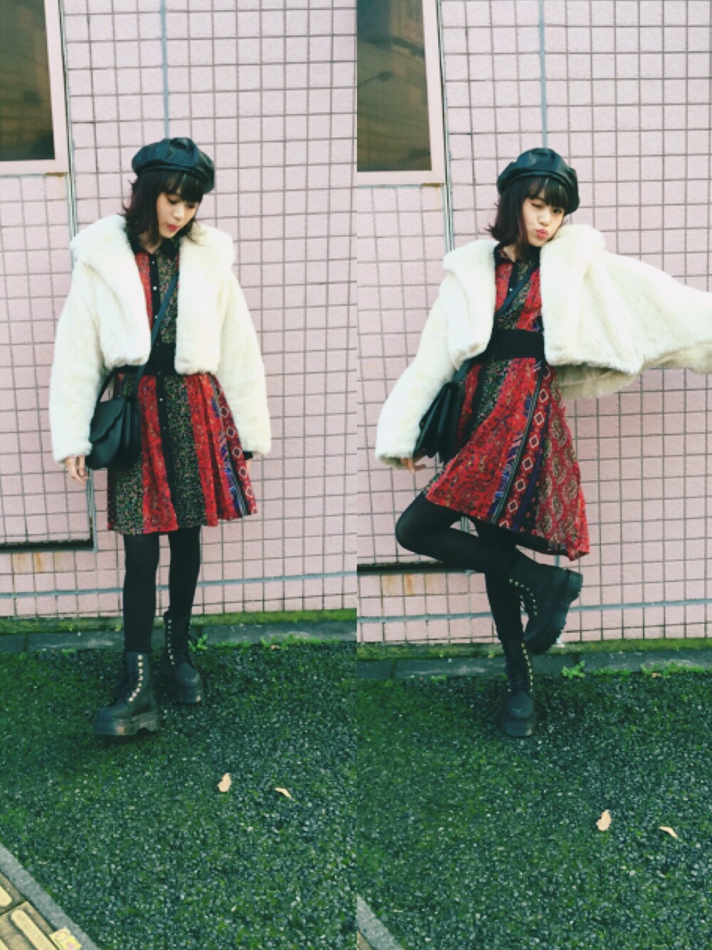 「DIESELのアイテム（ワンピース、レッド系）」を使った、野崎智子さん（レディース・163cm）の秋コーディネートの1枚目の写真