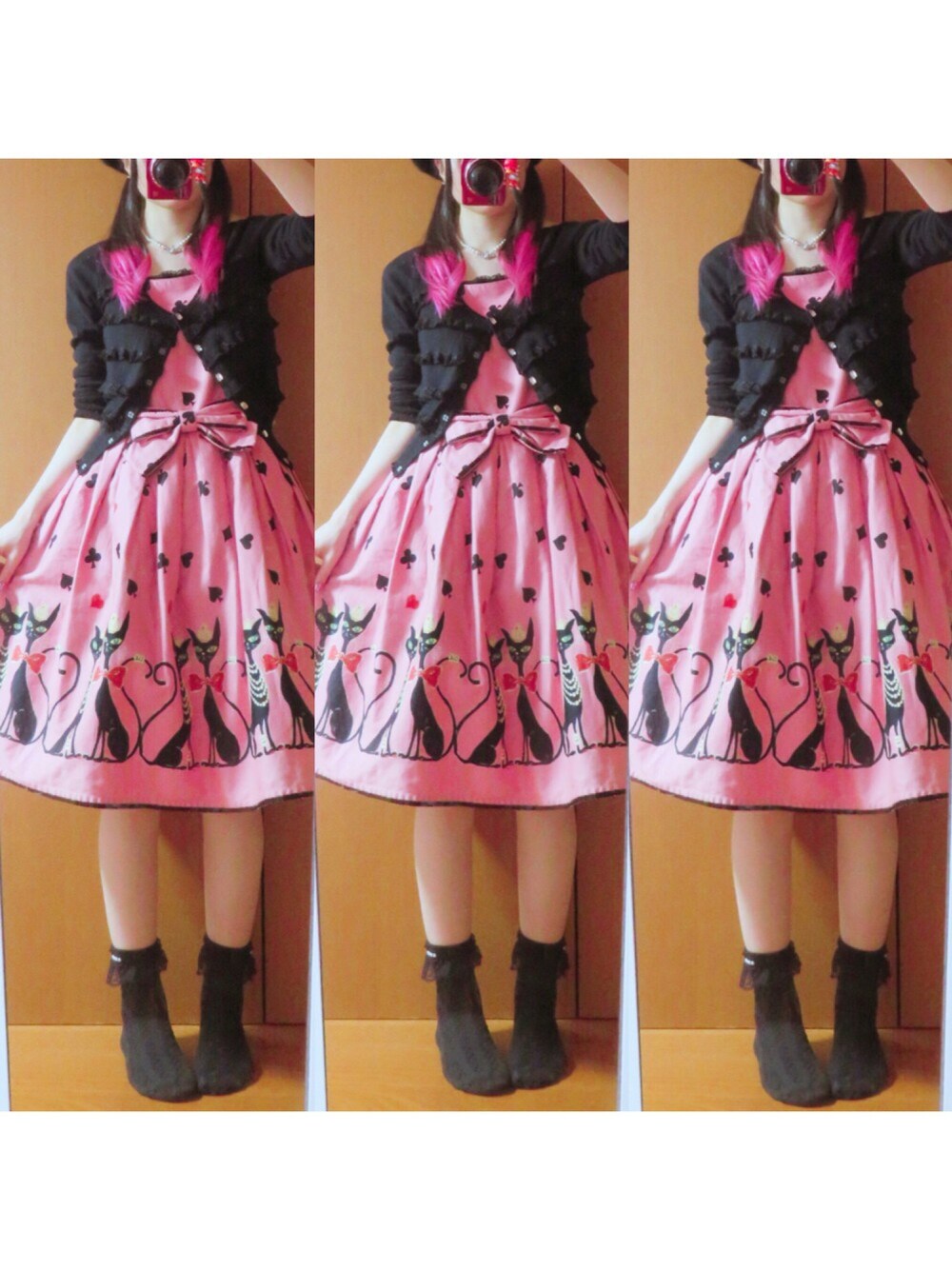 「ootd、おでかけ、秋コーデ、秋服、Emily temple cute、黒×ピンク、エミキュ、ネコ、猫」｜「Vivienne Westwoodのアイテム（ネックレス、ホワイト系）」を使った、きゃさりん666さん（レディース・160cm）の秋コーディネートの1枚目の写真