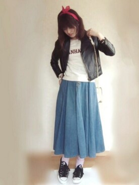 「Banner Barrett（バナーバレット）のアイテム（ライダースジャケット）」を使った、ぺこりんごさん（レディース・167cm）の春コーディネート