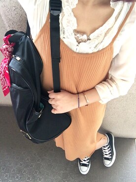 「Another Edition（アナザーエディション）のアイテム（ワンピース、オレンジ系）」を使った、あいさん（レディース・153cm）の春コーディネート