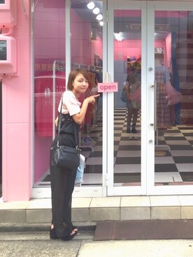 「Heather（ヘザー）のテレコパワショルTシャツ　716587　（Tシャツ/カットソー、ピンク系）」を使った、suzyさん（レディース・153cm）の夏コーディネート