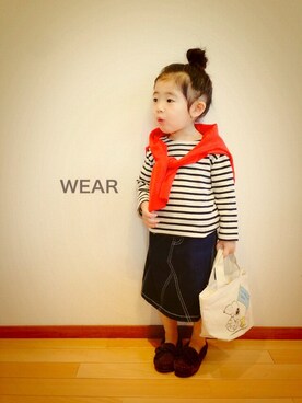「ボーダーTシャツ」｜「アイテム（モカシン/デッキシューズ）」を使った、CHIIIICOさん（キッズ・80cm）の春コーディネート