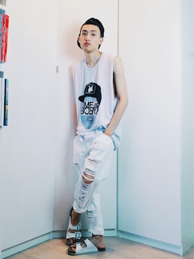 「A land（エーランド）のアイテム（帽子）」を使った、derekhillさん（メンズ・175cm）の夏コーディネート