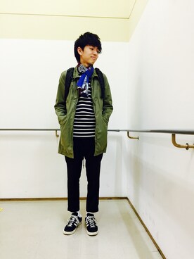 「LOUNGE LIZARD（ラウンジリザード）のアイテム（ステンカラーコート）」を使った、kazuma さん（メンズ・165cm）の秋コーディネート