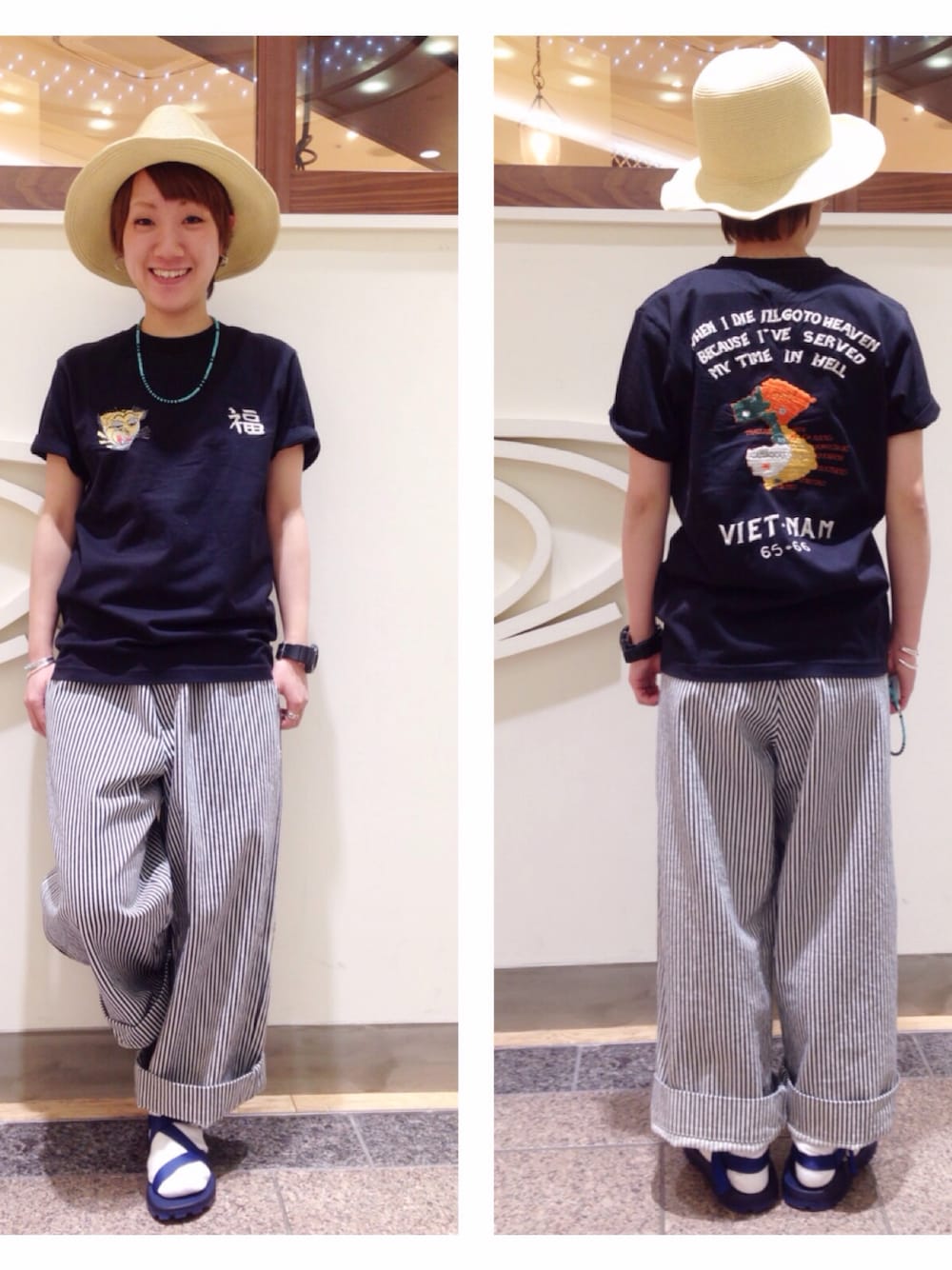 ブラック系のTシャツ/カットソー、その他のその他パンツ、ベージュ系のハットを着用したレディースの春コーディネートの1枚目の写真