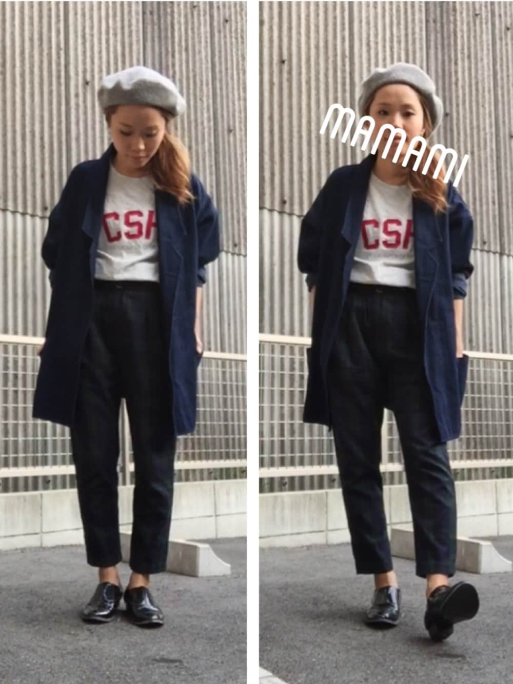 「ガウン、ベレー帽、オックスフォードシューズ、チェック柄、オーバーサイズ、タックパンツ、WEAR東海、WEARママ部」｜「Kastaneの【Kastane】BIGジャケット（その他アウター、ブルー系）」を使った、mamami＊さん（レディース・153cm）の秋コーディネートの1枚目の写真