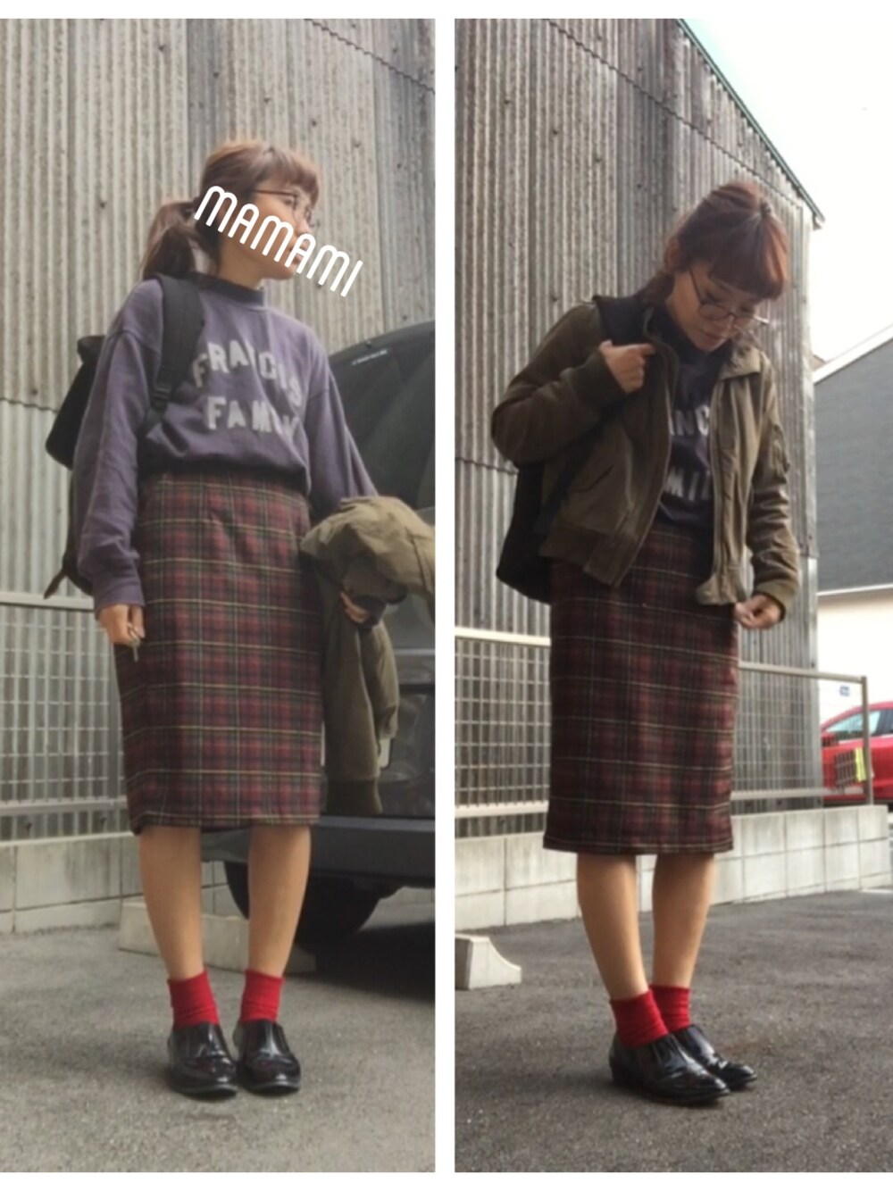 「ロゴスウェット、チェックスカート、ウエストイン、タイトスカート、ミリタリージャケット、リュック、需要ナシ、WEAR東海、WEARママ部」｜「靴下屋の【WOMEN】リブ折り返しジップ刺繍ショートソックス（ソックス/靴下、レッド系）」を使った、mamami＊さん（レディース・153cm）の秋コーディネートの1枚目の写真