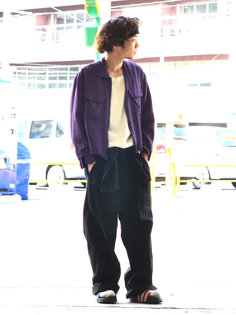「春コーデ、utah、つなぎ、ミリタリー」｜「VINTAGEの1950s vintage rayon gabardin jacket（ブルゾン、パープル系）」を使った、Utah___MATSUYANさん（メンズ・165cm）の春コーディネートの1枚目の写真