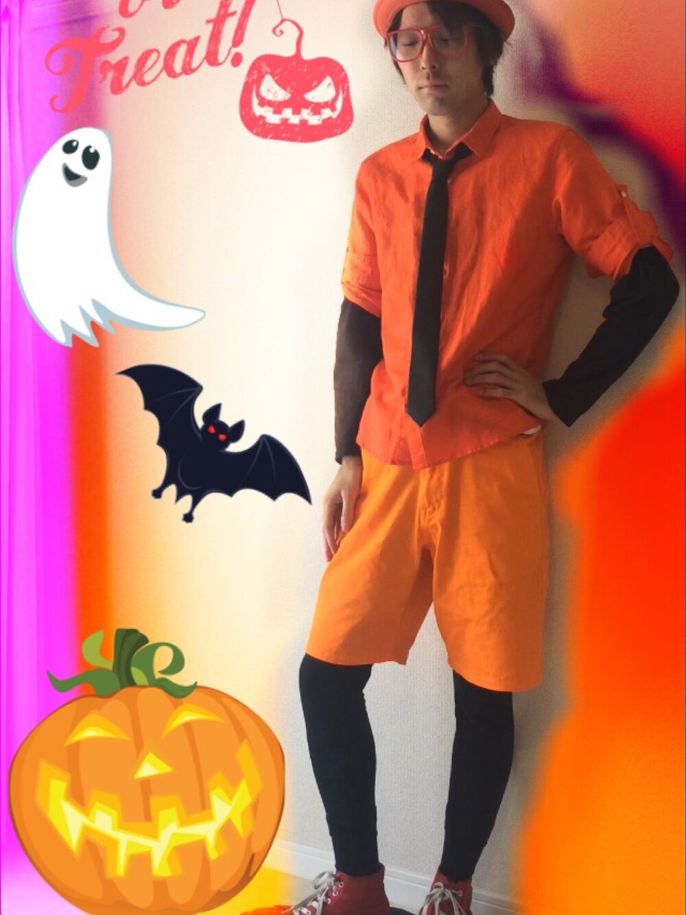 「WEAR HALLOWEEN 2015、ハロウィン、ハロウィンパーティー、ハロウィンコーデ」｜「WEGOのWEGO/カラーショーツ（その他パンツ、オレンジ系）」を使った、レッドさん（メンズ・176cm）の秋コーディネートの1枚目の写真