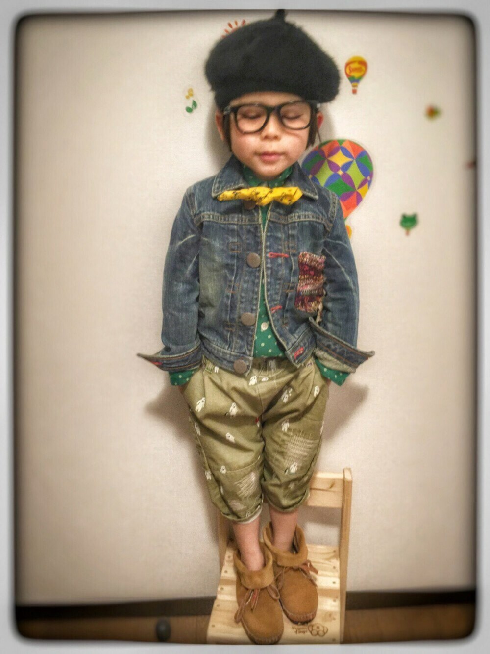 「ブーフーウーWEARコンテスト、こどもコーデ、BOOFOOWOOが大好き♡、おとこのこ、6歳、Gジャン」｜「ウーピーのアイテム（デニムジャケット、ブルー系）」を使った、こたろーさん（キッズ・110cm）の冬コーディネートの1枚目の写真