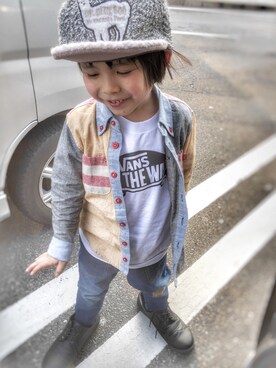 「One deux boo（ワンドゥーブー）のアイテム（帽子）」を使った、こたろーさん（キッズ・110cm）の冬コーディネート