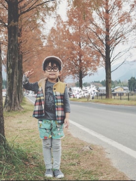 「One deux boo（ワンドゥーブー）のアイテム（帽子）」を使った、こたろーさん（キッズ・110cm）の冬コーディネート