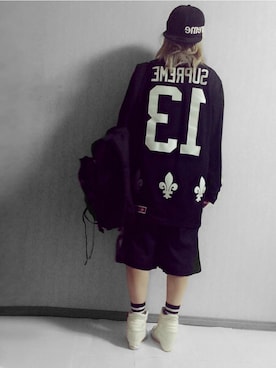 「バックプリント」｜「アイテム（ジャージ）」を使った、aiさん（レディース・156cm）の春コーディネート