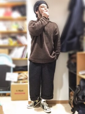 「SUNSEA（サンシー）のアイテム（帽子）」を使った、Yo4daさん（メンズ・164cm）の冬コーディネート