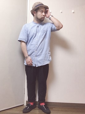 「SUNSEA（サンシー）のアイテム（帽子）」を使った、Yo4daさん（メンズ・165cm）の夏コーディネート