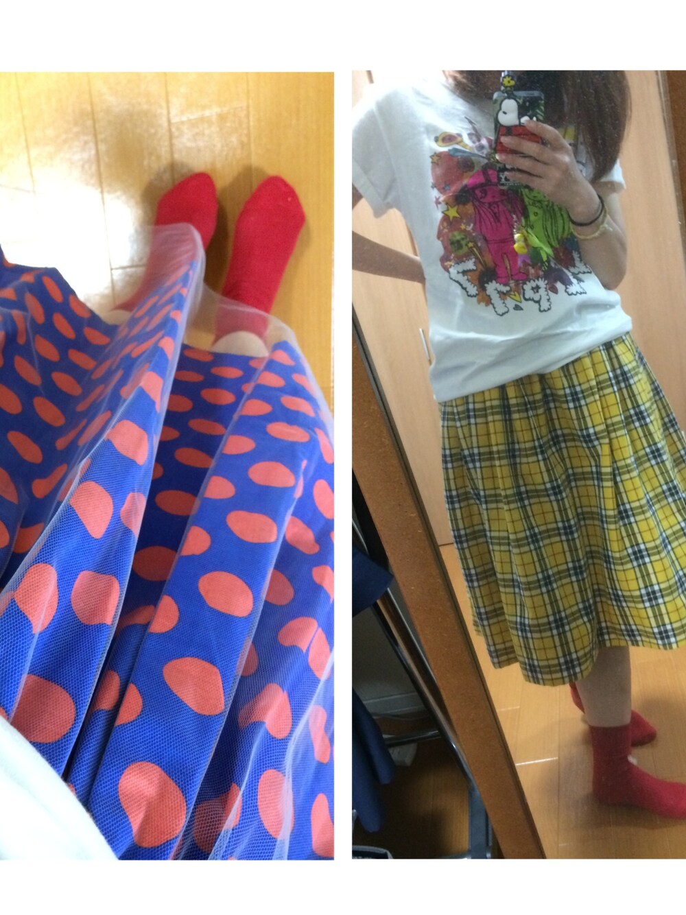 「手作り、スカート、ドット、チュールスカート、チェック、aiko、ハンドメイド」｜「Handmadeのハンドメイド（スカート、イエロー系）」を使った、まりすけさん（レディース・160cm）の秋コーディネートの1枚目の写真