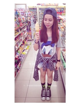 「chocoolate（チョコレート）のアイテム（帽子）」を使った、Edith☮さん（レディース・163cm）の夏コーディネート