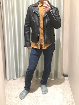 「GGD（ジージーディー）のアイテム（ライダースジャケット）」を使った、SHOUICHIさん（メンズ・168cm）の秋コーディネート