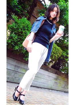 「ノースリーブニット」｜「アイテム（デニムジャケット）」を使った、川子芹菜さん（レディース・163cm）の春コーディネート