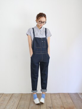 「11ozデニムサロペット（サロペット/オーバーオール、ブルー系）」を使った、collecalaさん（レディース・162cm）の春コーディネート
