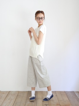 「ワイドストライプパンツ（その他パンツ、ホワイト系）」を使った、collecalaさん（レディース・162cm）の春コーディネート