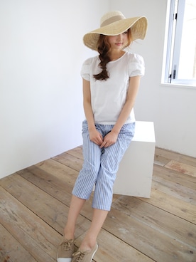 「コットンストライプパンツ（その他パンツ、ブルー系）」を使った、collecalaさん（レディース・162cm）の春コーディネート