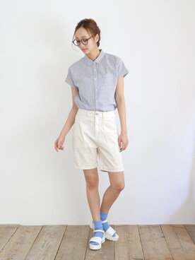 「ツイルハーフパンツ（その他パンツ、ホワイト系）」を使った、collecalaさん（レディース・162cm）の夏コーディネート