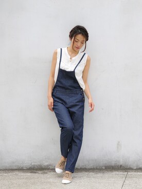 「8ozデニムサロペット（サロペット/オーバーオール、ブルー系）」を使った、collecalaさん（レディース・162cm）の夏コーディネート