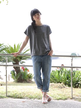 「杢調ポケット付きTシャツ（Tシャツ/カットソー、グレー系）」を使った、collecalaさん（レディース・162cm）の夏コーディネート