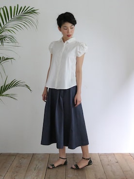 「シュークリームスリーブブラウス（シャツ/ブラウス、ホワイト系）」を使った、collecalaさん（レディース・162cm）の夏コーディネート