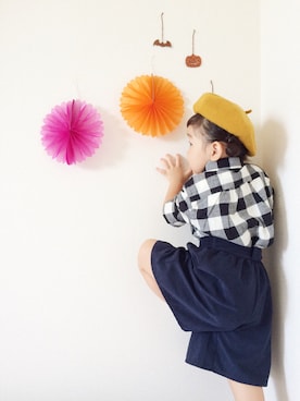 「フランネルシャツ」｜「アイテム（ハンチング/ベレー帽）」を使った、こころさん（キッズ・100cm）の秋コーディネート