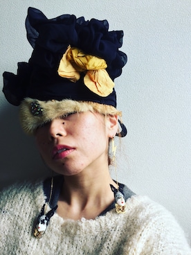 「Handmade（ハンドメイド）のアイテム（帽子、ブラック系）」を使った、amicoさん（レディース・155cm）の冬コーディネート