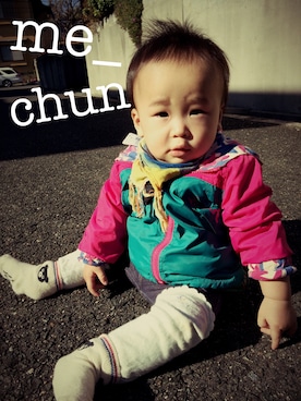 「アイテム（ナイロンジャケット、グリーン系）」を使った、me_chunさん（キッズ・70cm）の冬コーディネート