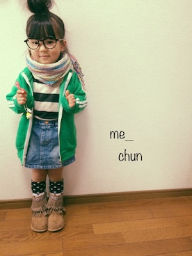 「ボーダーニット」｜「アイテム（スウェット）」を使った、me_chunさん（キッズ・100cm）の冬コーディネート
