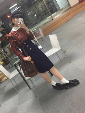 「赤チェック」｜「アイテム（その他シューズ）」を使った、キヨミさん（レディース・164cm）の秋コーディネート