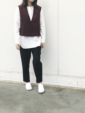 「アイテム（ベスト、レッド系）」を使った、oanさん（レディース・153cm）の秋コーディネート