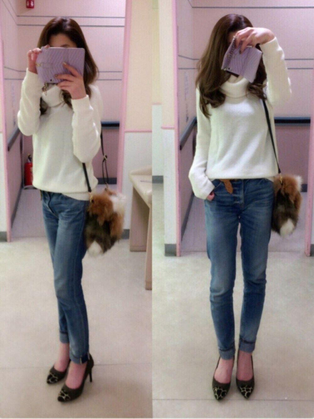 ホワイト系のニット/セーター、その他のクラッチバッグ、ブルー系のデニムパンツを着用したレディースの秋コーディネートの1枚目の写真