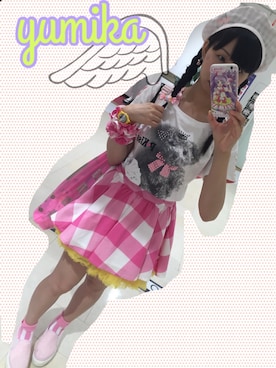 「ギンガムチェックスカート」｜「アイテム（スカート、ピンク系）」を使った、ゆみかさん（レディース・157cm）の夏コーディネート