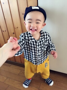 「アイテム（ロンパース、ブラック系）」を使った、SAKUさん（キッズ・80cm）の春コーディネート