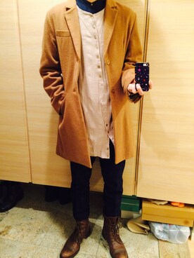 「ノーカラー」｜「アイテム（チェスターコート）」を使った、よしきさん（メンズ・179cm）の冬コーディネート