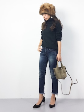 「Ungrid（アングリッド）のインディゴフレイドヘムストスリ（デニムパンツ）」を使った、erikoさん（レディース・152cm）の秋コーディネート