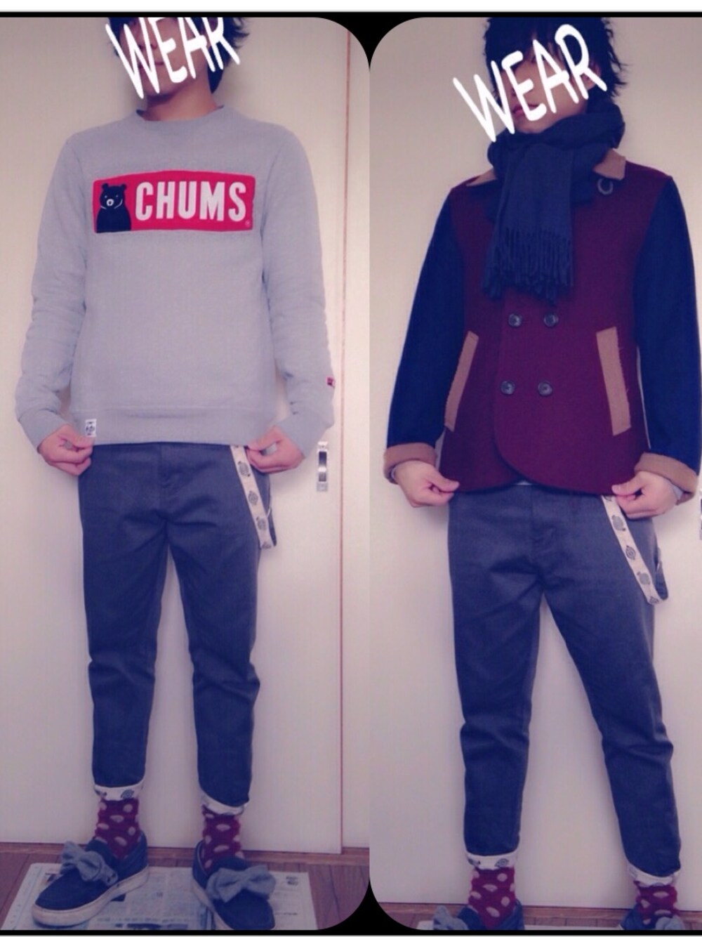 「FRAPBOIS、FRAPBOIS ZOO、Dickies、スウェット、ピーコート、CHUMS、コラボ、靴下屋」｜「FRAPBOISのアイテム（ピーコート、レッド系）」を使った、Joeさん（メンズ・172cm）の冬コーディネートの1枚目の写真