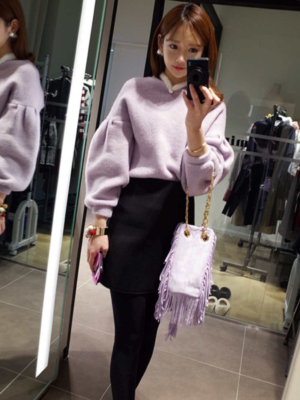 「 ニット、パープル、バルーン、パステルカラー、モテ服、韓国ブランド、韓国ファッション、 冬、 ミンスショップ」｜「minsshopの王パールイヤリング（イヤリング、その他）」を使った、minsshopさん（レディース・165cm）の冬コーディネートの1枚目の写真