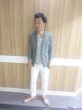 「アイテム（ノーカラージャケット）」を使った、OKADAさん（メンズ・170cm）の夏コーディネート