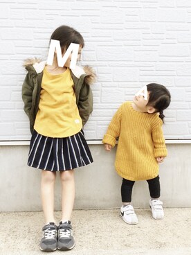 「アイテム（ミリタリージャケット、イエロー系）」を使った、⋆ a p i i ⋆さん（キッズ・80cm）の秋コーディネート