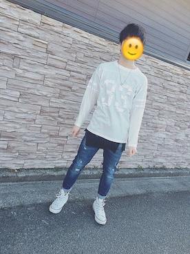 「CONVERSE（コンバース）の◇CONVERSE LEA ALL STAR HI／コンバース オールスター ハイカット（スニーカー、ホワイト系）」を使った、YUYAさん（メンズ）の春コーディネート