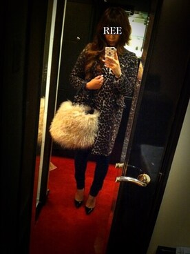 「moussy」｜「アイテム（ノーカラージャケット）」を使った、REEさん（レディース・158cm）の冬コーディネート